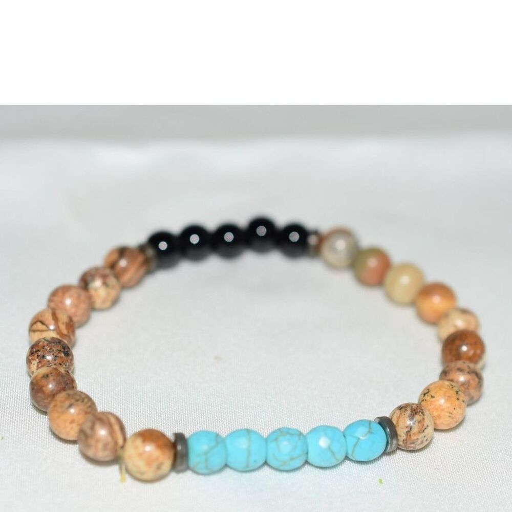 Wellness/Health Jasper Black Agate Faux Turquoise Beads 5" Stretch Bracelet